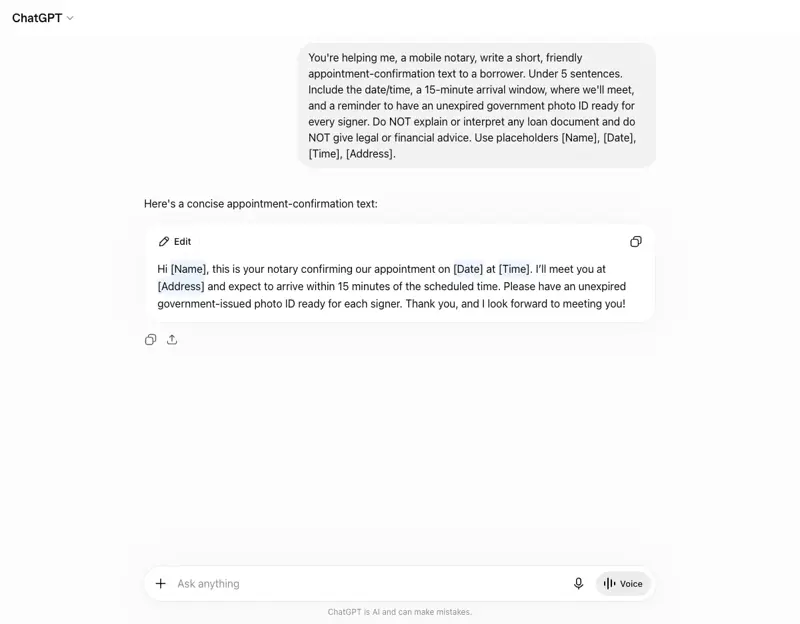 ChatGPT drafting a notary’s confirmation text using placeholders — no real client data in the tool