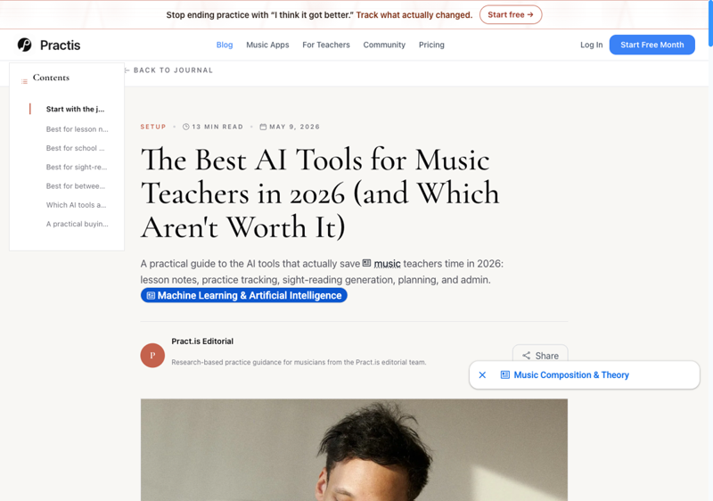 Third-party roundup of AI tools for music teachers in 2026, showing they are paid supplements