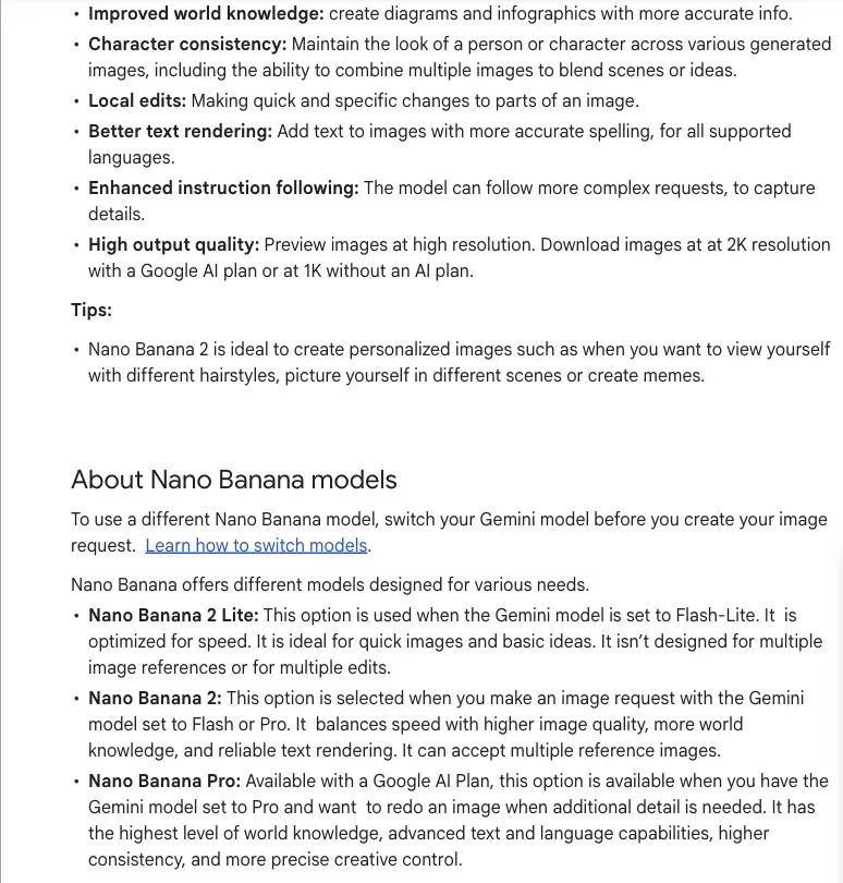 Google’s Gemini Apps Help page “Generate and edit images with Gemini Apps,” showing the About Nano Banana models section where Flash-Lite maps to Nano Banana 2 Lite and Flash or Pro maps to Nano Banana 2