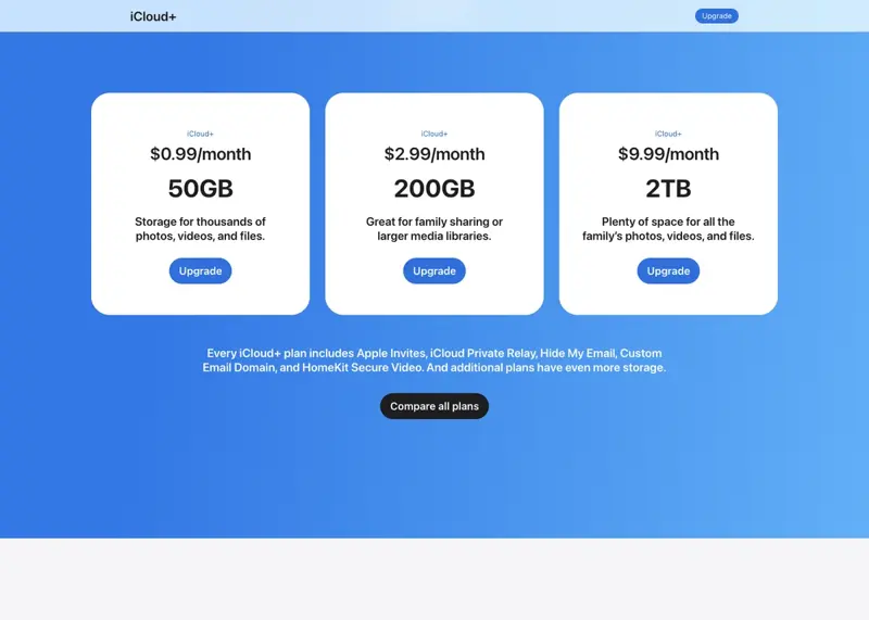 Apple’s official iCloud+ pricing page showing three storage tiers: $0.99/month for 50GB, $2.99/month for 200GB, and $9.99/month for 2TB, with none of them naming a Siri AI entitlement