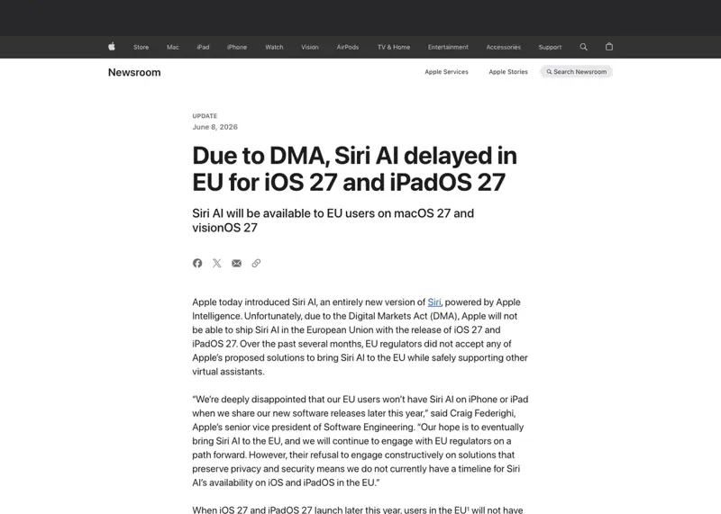 Apple Newsroom’s June 8, 2026 announcement confirming Siri AI will be delayed in the EU due to Digital Markets Act requirements, with a quote from Craig Federighi calling the team “deeply disappointed”