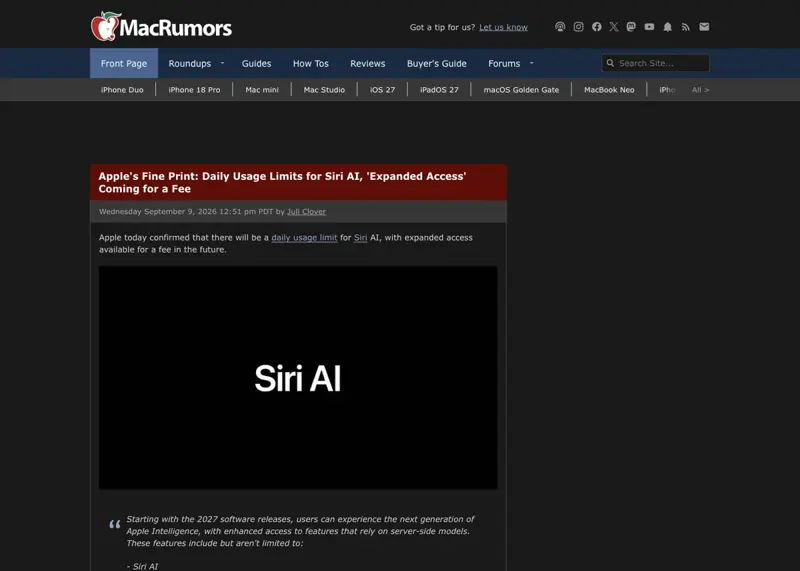 MacRumors’ September 9, 2026 article confirming Apple’s daily usage limits for Siri AI, with expanded access “coming for a fee,” black promotional image reading “Siri AI”