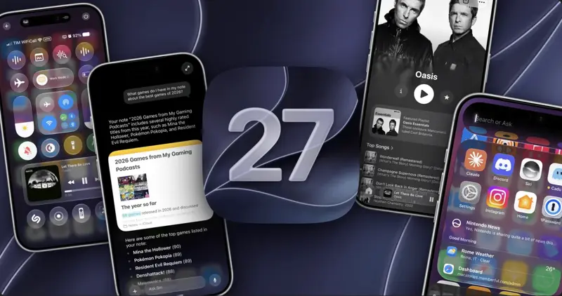 MacStories’ official cover art for its iOS and iPadOS 27 review, showing Siri AI answering a natural-language question about the content of a Notes entry — “What games do I have in my note about the best games of 2026?” — with a full contextual summary pulled from that note.