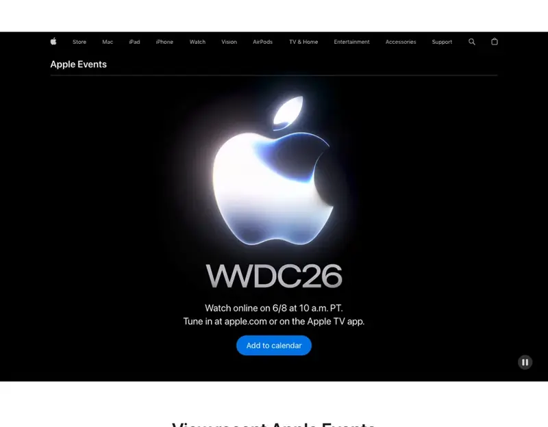 Apple’s official WWDC 2026 event page confirming the keynote streams on June 8 at 10 a.m. PT