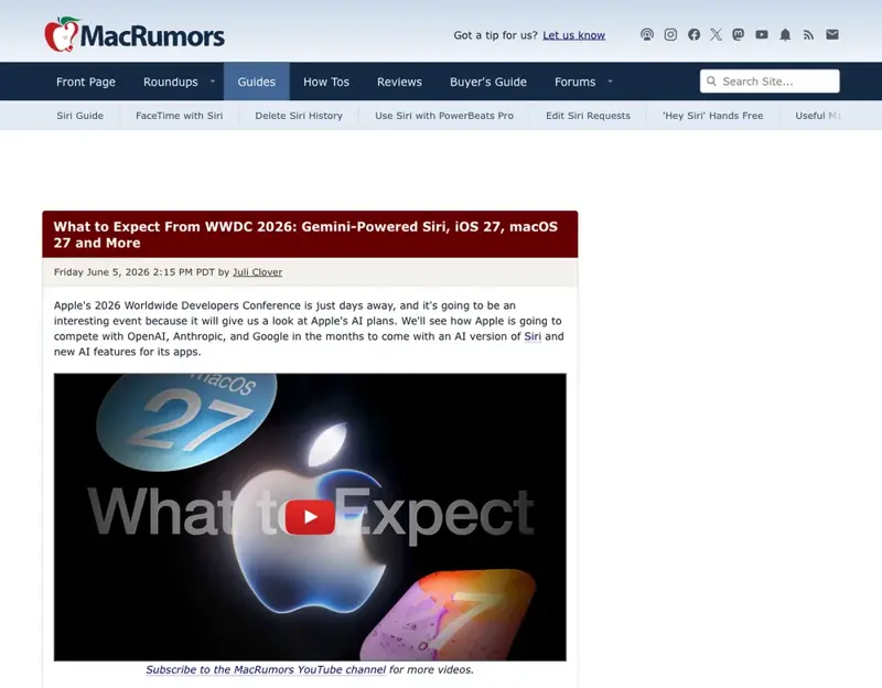 MacRumors’ WWDC 2026 preview previewing a Gemini-powered Siri and a new AI version of Siri across Apple’s apps