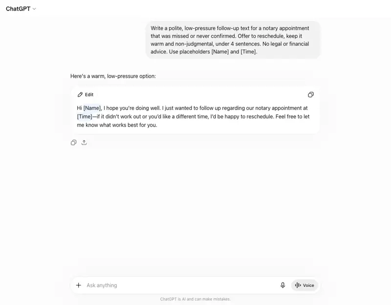 ChatGPT generating a notary message template from a guardrail-protected prompt