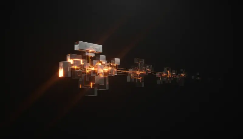 Abstract visualization of an agent network — translucent geometric blocks connected by amber pathways, the architectural shape of a Notion workspace stitched together by custom agents