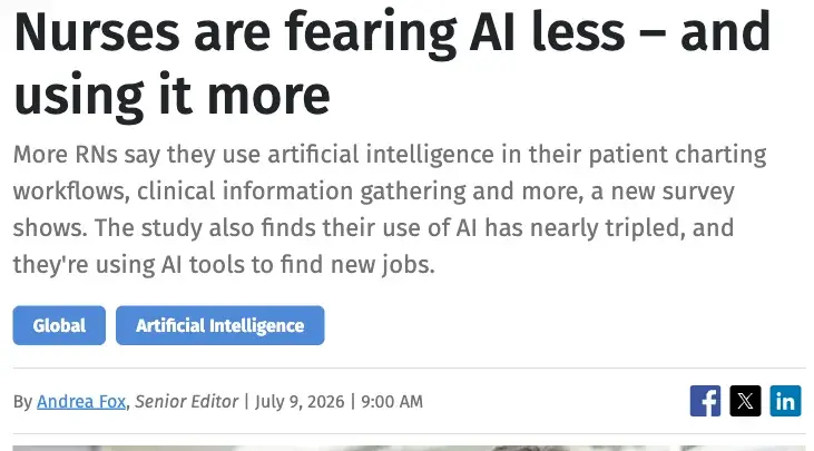 Healthcare IT News: nurses are fearing AI less and using it more, with AI use nearly tripled
