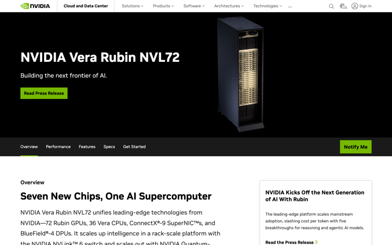 The Vera Rubin NVL72 product page on nvidia.com showing the rack-scale architecture and quoted 5x inference / 3.5x training gains versus Blackwell