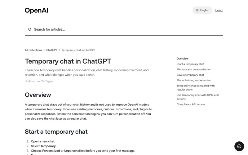 OpenAI’s Help Center page on temporary chat, explaining that a temporary chat stays out of chat history and is not used to improve models while it remains temporary