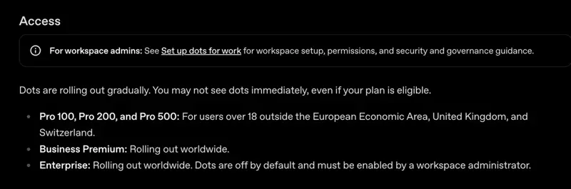 OpenAI’s dots access list: Pro 100, Pro 200 and Pro 500 for users over 18 outside the EEA, UK and Switzerland; Business Premium and Enterprise rolling out worldwide