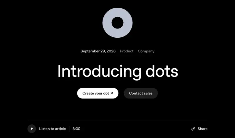 The “Introducing dots” page on openai.com, dated September 29, 2026, with buttons to create your dot or contact sales