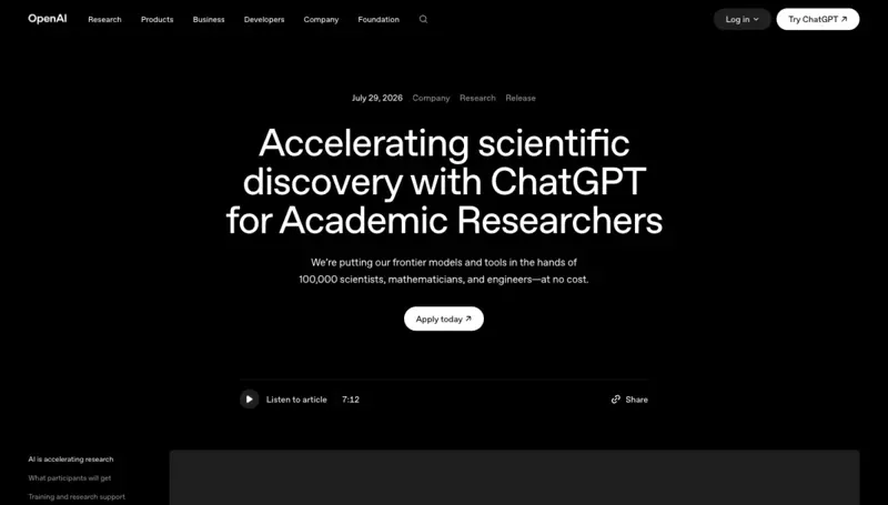 The announcement page — “We’re putting our frontier models and tools in the hands of 100,000 scientists, mathematicians, and engineers — at no cost,” with an Apply today button