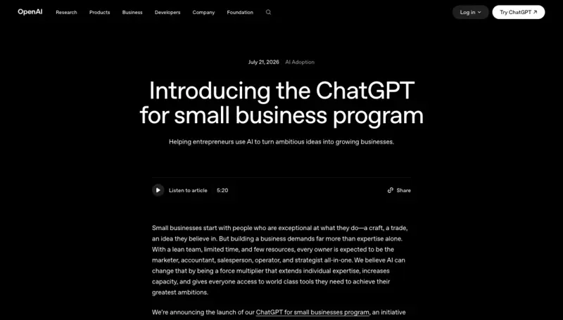 OpenAI’s announcement page: “Helping entrepreneurs use AI to turn ambitious ideas into growing businesses”