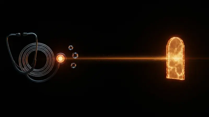 Crystalline stethoscope on the left connected by an amber light-beam to a glowing gateway on the right, with three small crystalline credential tokens floating in between