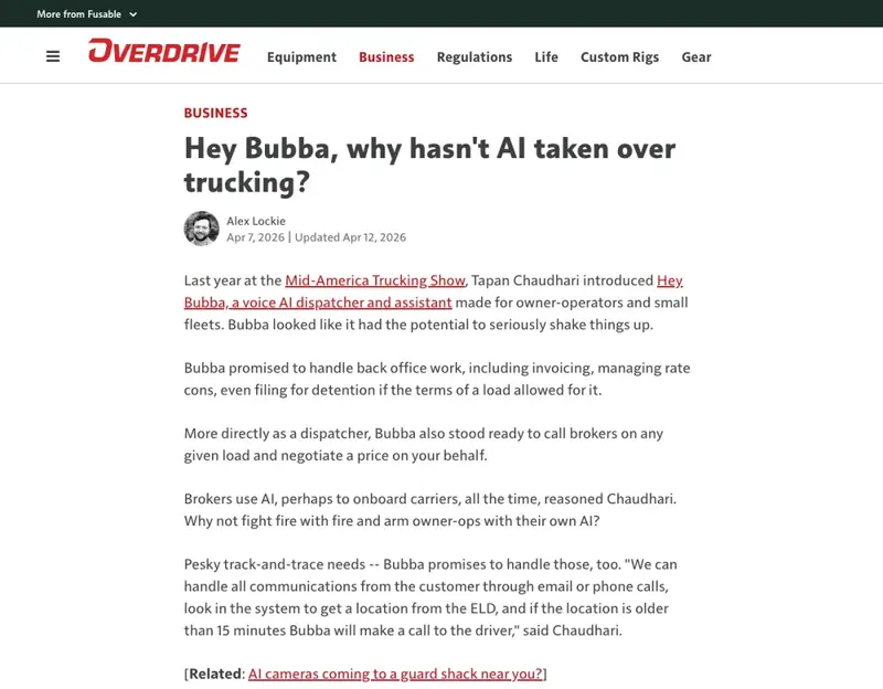 Overdrive’s report on “Hey Bubba,” a voice AI dispatcher built to handle owner-operator back-office work like invoicing and rate confirmations