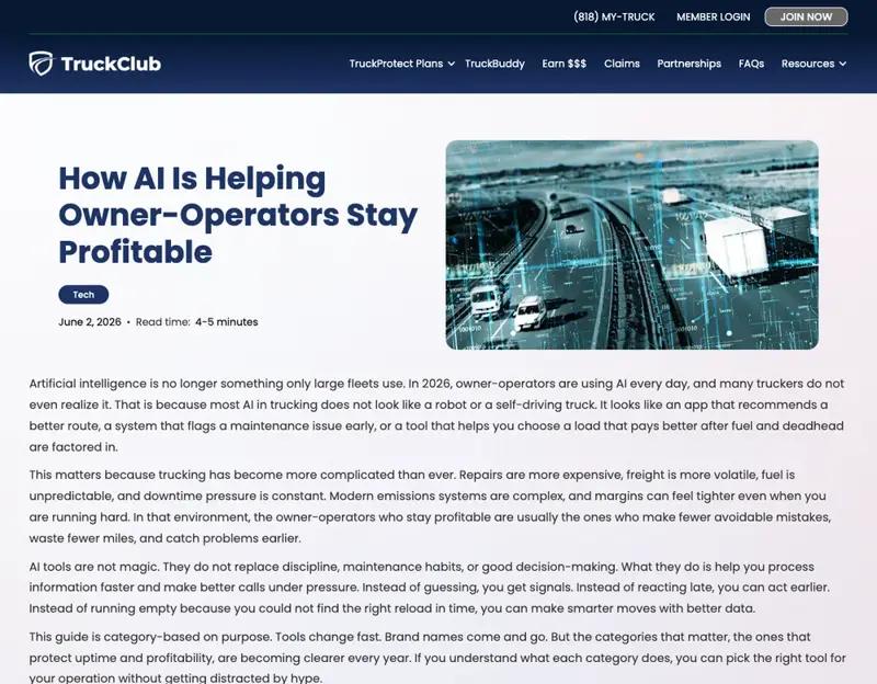 TruckClub feature on how AI is helping owner-operators stay profitable by handling back-office tasks