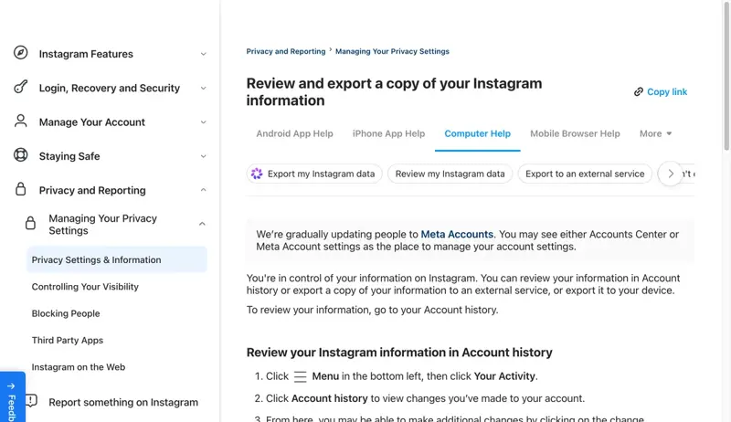 Die Instagram-Hilfeseite zum Überprüfen und Exportieren einer Kopie deiner Instagram-Informationen