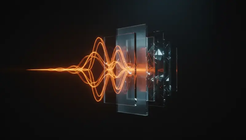 Abstract sound wave visualization showing a phone call being analyzed by AI — orange wave forms flowing through translucent geometric filter layers