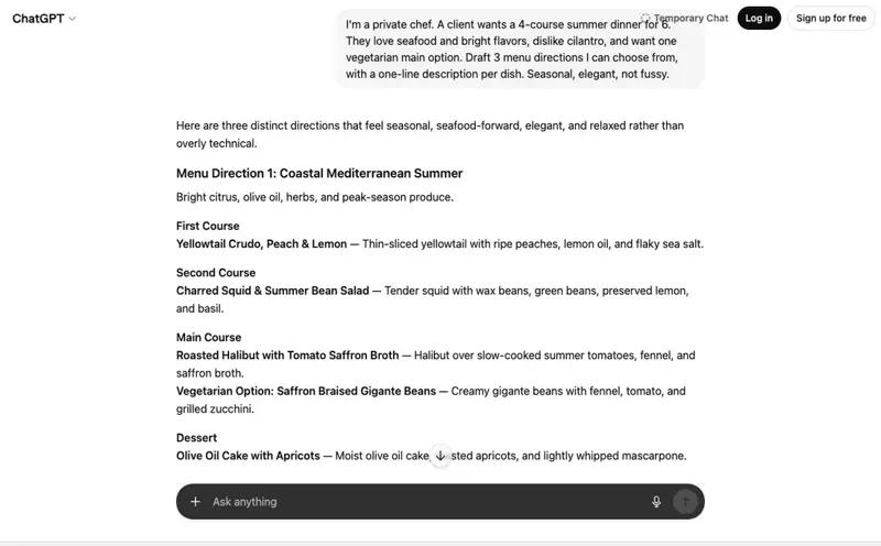 ChatGPT drafting three summer menu directions for a private chef from the client brief above — a starting point the chef then curates and executes