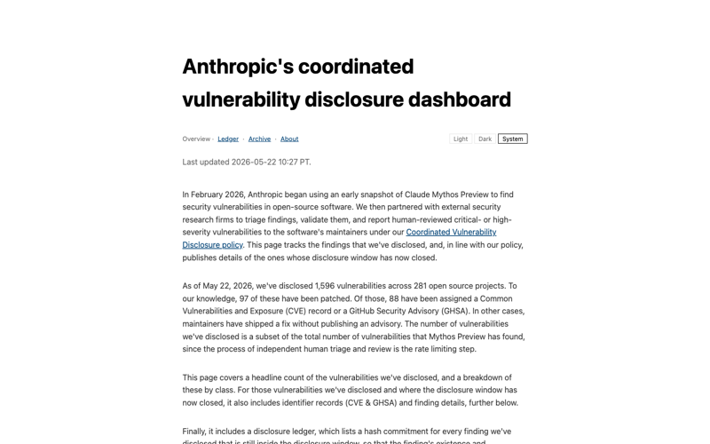 Anthropic’s coordinated vulnerability disclosure (CVD) dashboard — the public-facing channel through which Mythos-discovered vulnerabilities flow into partner-coordinated disclosure