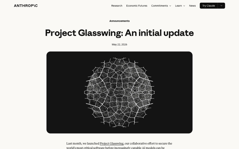 The Anthropic Project Glasswing announcement page with the headline figures from the May 22 update — the source-of-truth document for the decision below