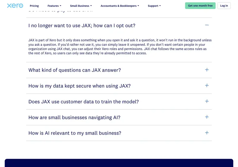 Xero’s JAX FAQ with the question “I no longer want to use JAX; how can I opt out?” expanded: JAX only does something when you open it and ask a question, you can leave it unopened, and admins can adjust Xero roles and permissions