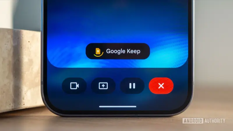A phone screen showing a live Google Keep voice session in progress, with video, share, pause, and end-call style controls at the bottom