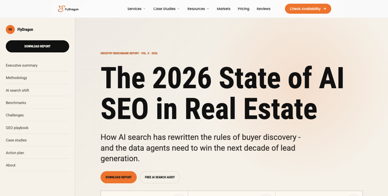 FlyDragon’s report landing page: “The 2026 State of AI SEO in Real Estate — How AI search has rewritten the rules of buyer discovery”