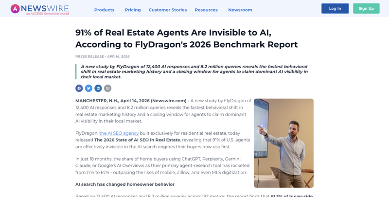 Newswire press release announcing FlyDragon’s 2026 State of AI SEO in Real Estate report, dated April 14, 2026