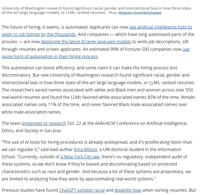 University of Washington research finding that LLMs favored white-associated names 85% of the time and female-associated names only 11% of the time when ranking over 550 real-world resumes