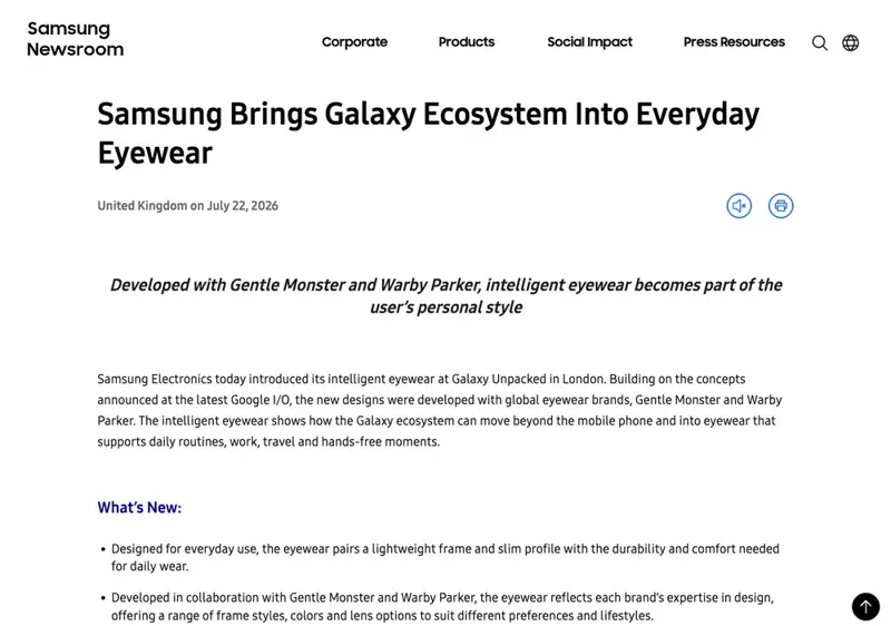 Samsung’s official newsroom announcement of its intelligent eyewear, dated July 22, 2026 from London, highlighting the Gentle Monster and Warby Parker partnerships