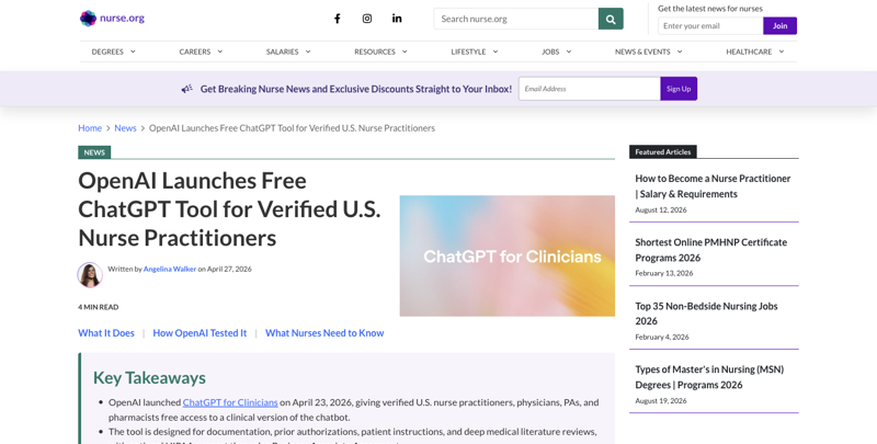 OpenAI’s ChatGPT for Clinicians launch announcement, April 23, 2026, giving verified nurse practitioners, physicians, PAs, and pharmacists free access to a clinical version of ChatGPT