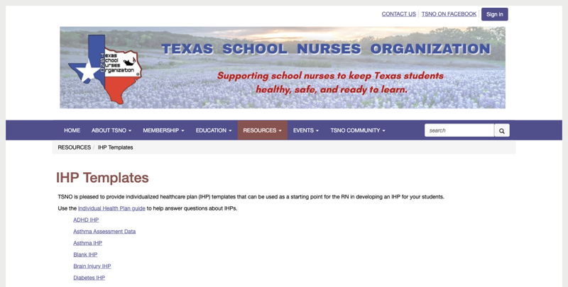 Texas School Nurses Organization’s IHP Templates resource page, listing blank fillable PDF templates by condition — ADHD, Asthma, Diabetes, Brain Injury