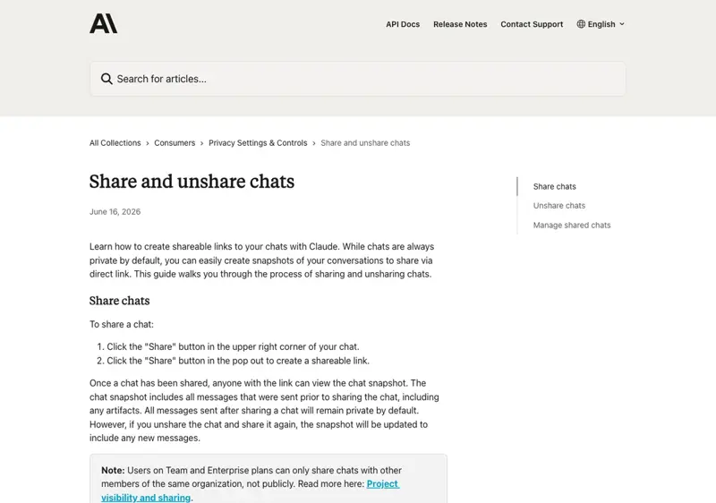La pagina del Centro assistenza di Claude intitolata “Share and unshare chats”, con le istruzioni ufficiali di Anthropic per gestire e rimuovere i link delle conversazioni condivise