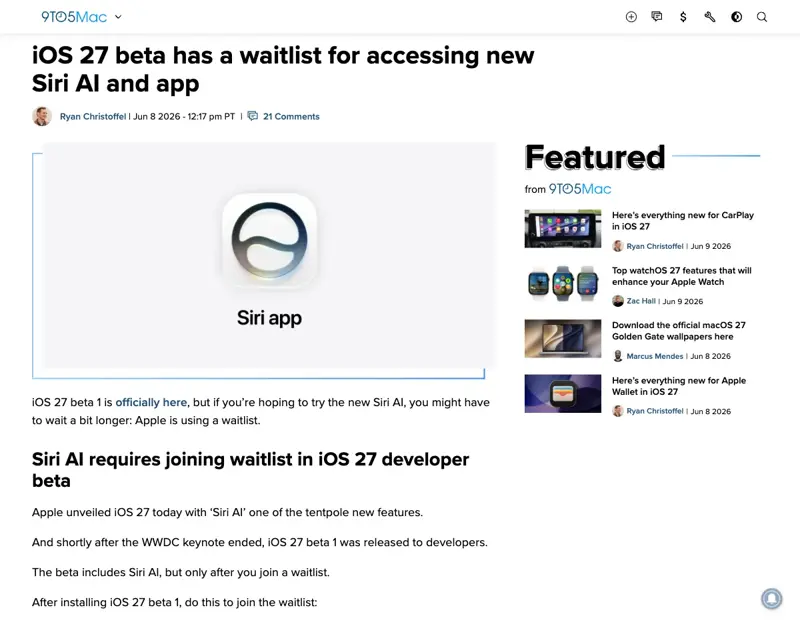 9to5Mac’s report on the iOS 27 beta waitlist for the new Siri