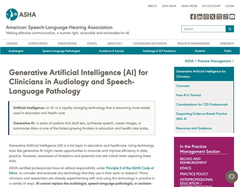 ASHA’s official guidance page, “Generative Artificial Intelligence for Clinicians in Audiology and Speech-Language Pathology”