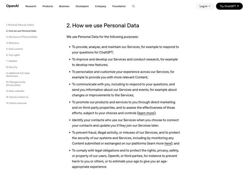 OpenAI’s public privacy policy page showing the section on how user data is used, the part teachers need to read before signing up a class