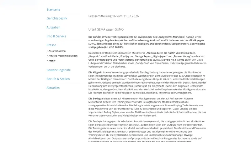 The Munich Regional Court’s official press release announcing the GEMA v. Suno judgment