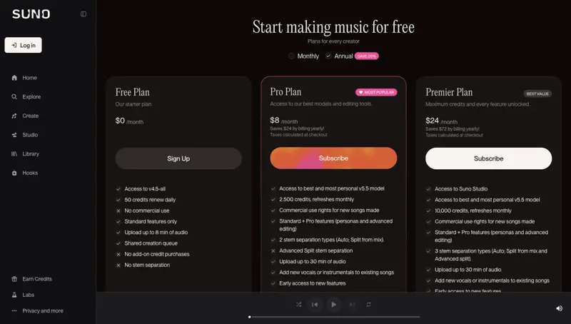 Suno’s pricing page showing the free plan marked No commercial use and the paid plans with commercial use rights