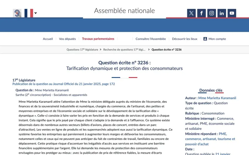 Question écrite n° 3236 de l’Assemblée nationale : Tarification dynamique et protection des consommateurs, par Mme Marietta Karamanli