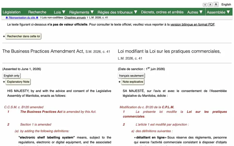 La Loi modifiant la Loi sur les pratiques commerciales du Manitoba, L.M. 2026, c. 41, sanctionnée le 1er juin 2026, avec la définition du système d’étiquetage électronique de rayon