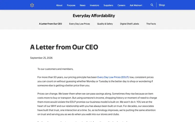 Walmart’s “A Letter From Our CEO” page dated September 25, 2026, explaining that using someone’s income, shopping history or moment of need to charge them more would violate Every Day Low Prices