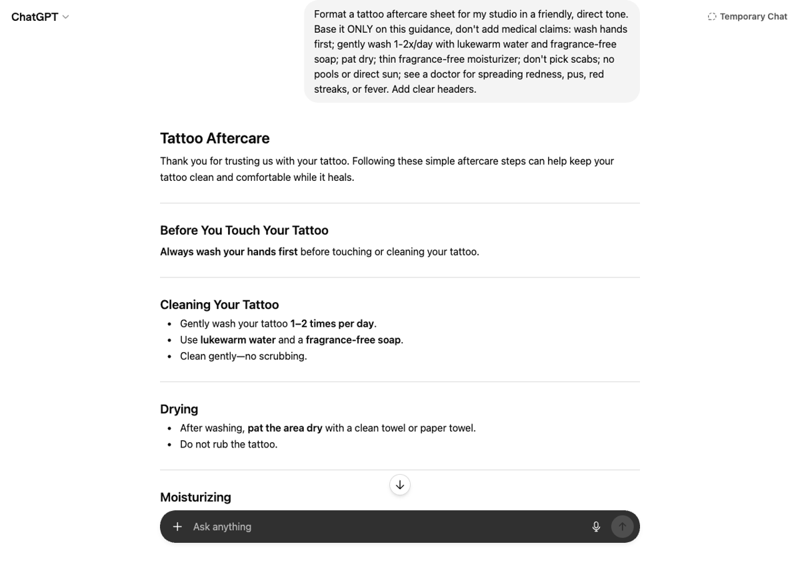 ChatGPT drafting a tattoo aftercare sheet in the studio’s own voice