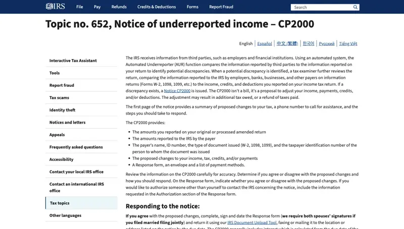 IRS Topic 652 — the official CP2000 explainer