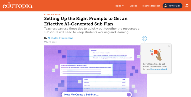 Edutopia’s May 2025 article on using specific prompts to get better AI-generated substitute plans