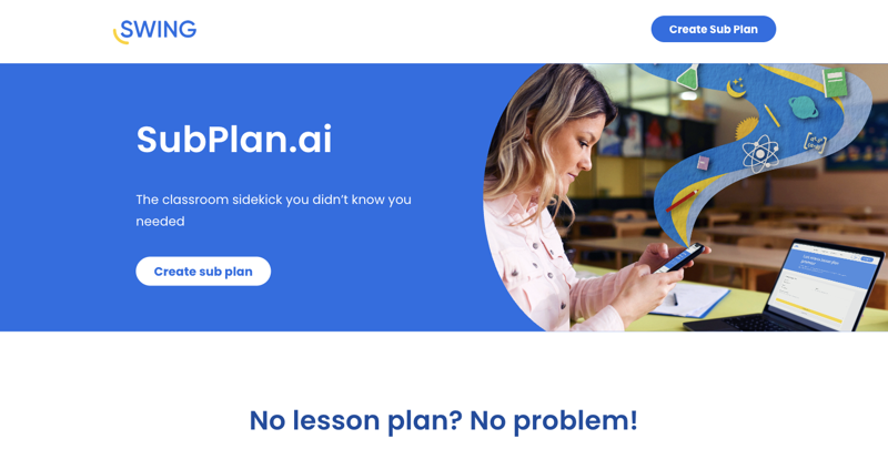 SubPlan.ai’s product page describing its AI-generated substitute lesson plan service