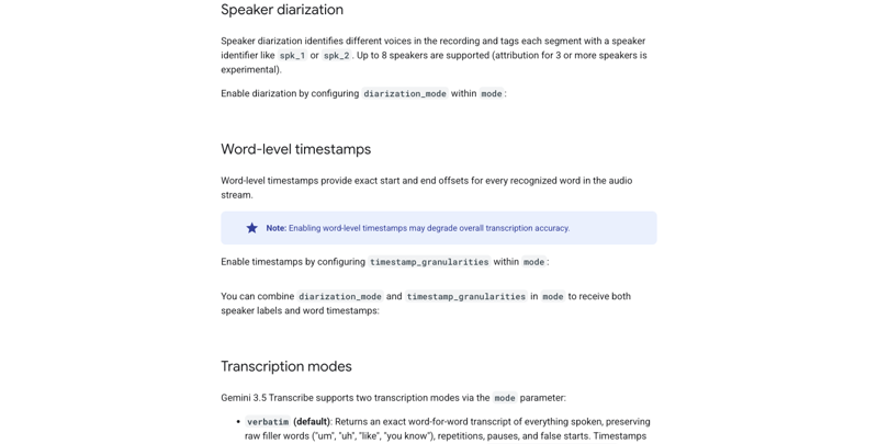 Google’s Gemini API documentation page showing the transcription output structure, including speaker diarization and timestamp fields