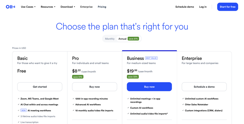 Otter.ai’s pricing page showing free-tier limits including 300 monthly transcription minutes and a 30-minute per-conversation cap