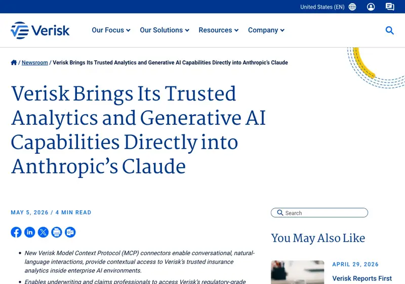 Verisk’s official newsroom announcement, dated May 5, 2026, headlined “Verisk Brings Its Trusted Analytics and Generative AI Capabilities Directly into Anthropic’s Claude”